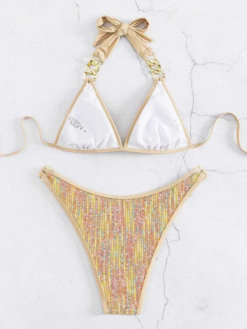 Shiny Sequin Gold Bikini Set 2025 Women Metal Strap Push Up Micro Swimsuit Luxury Cut Out Bathing Suit Chain Thong SwimwearXJ241223