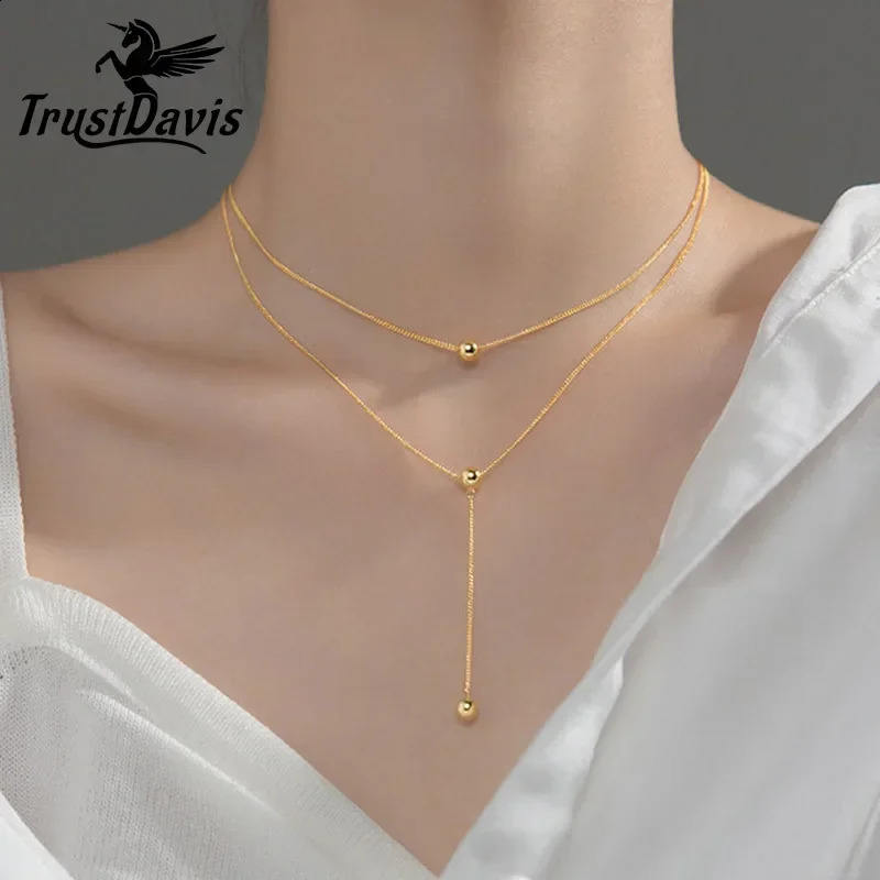 TrustDavis Real 925 Sterling Silver Fashion Double-deck Chain Beads Necklace For Women Wedding Valentines Day Jewelry DB293 241220