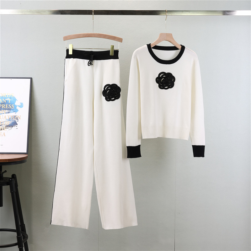 new Autumn New Knitted Loose Women Pant Suits O Neck Female Pullover Suit Fashion Wide Leg High Waist Pants Set