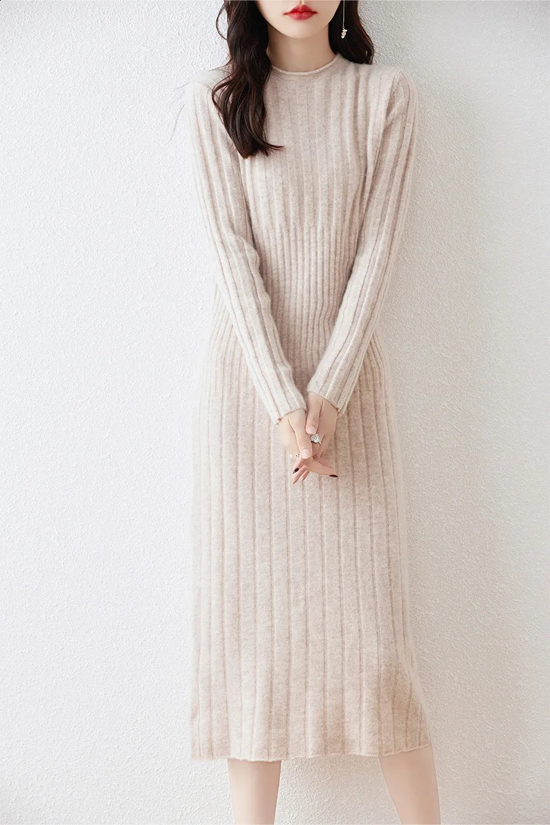 100% Merino Wool Long Sweater Dress Autumn And Winter Womens Striped Round Neck Pleated Skirt Pullover 241218