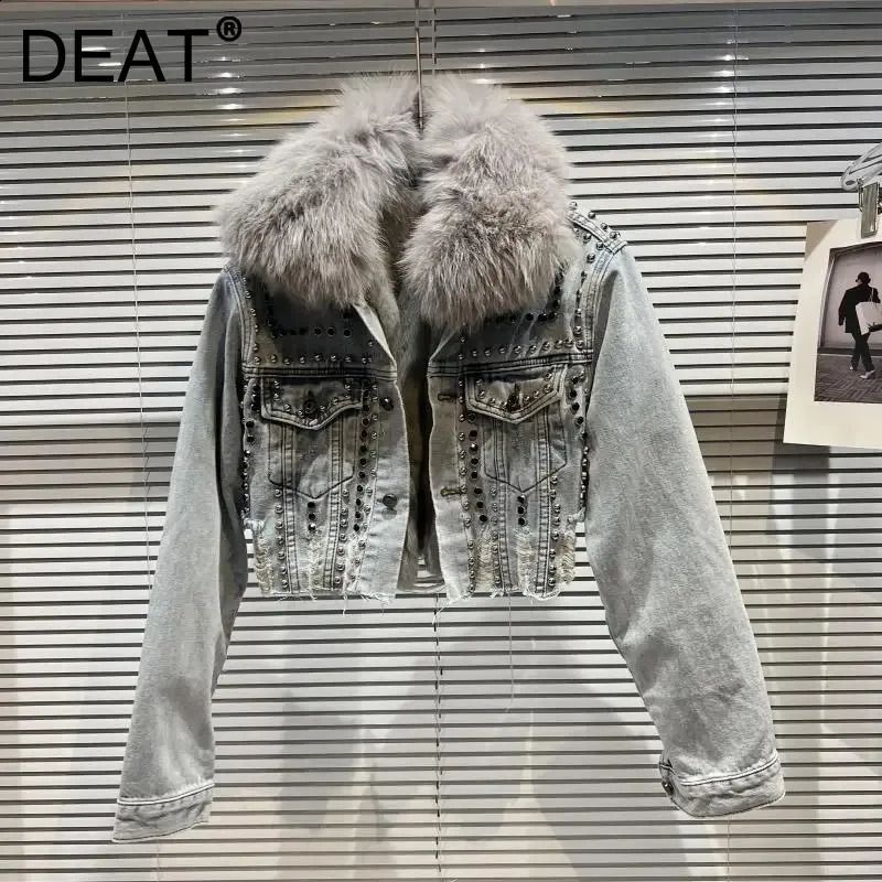 DEAT Winter Arrival Fox Fur Collar Rivet Liner Denim Jacket For Women High Street Single-breasted Short Coat 11A01605 241220