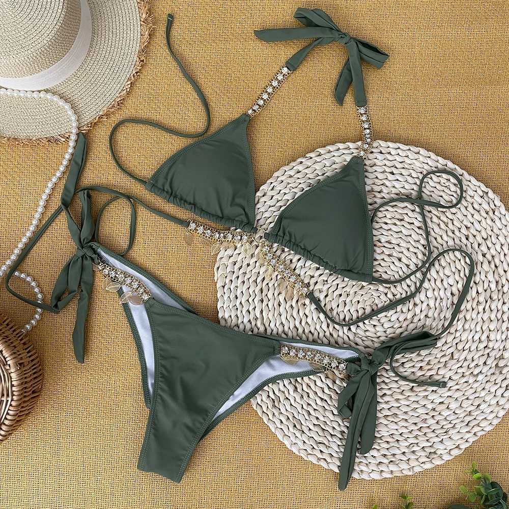 Womens Swimsuit Bathing Suit 2024 Diamond Bikini Crystal Swimwear Metal Chain Aristocratic Bikini Push Up BikinisXJ241223