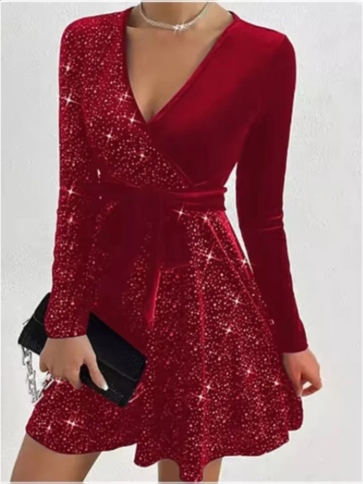 4-color sparkling mini dress for women sexy A-Line long sleeved dress spring and autumn party solid color dress 241223
