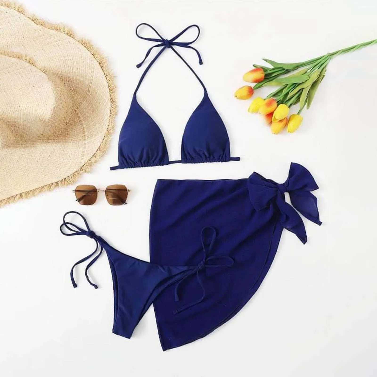 WomenS Solid Halter Backless Bikinis Set Sexy Triangle Cup Lace Up Bikini Top With Bottoms Swimsuit Cover Up 3 Piece SwimsuitXJ241223