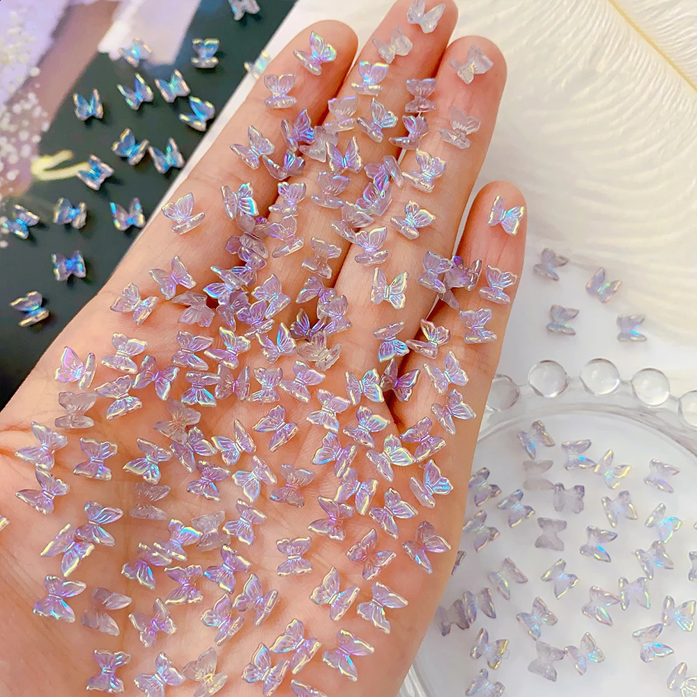 100Pcs Colorful Aurora Butterfly Nail Art Decoration 6mm Resin Mini 3D Butterfly Nail Charms AB Pink Cute Manicure Butterfly N* 241223