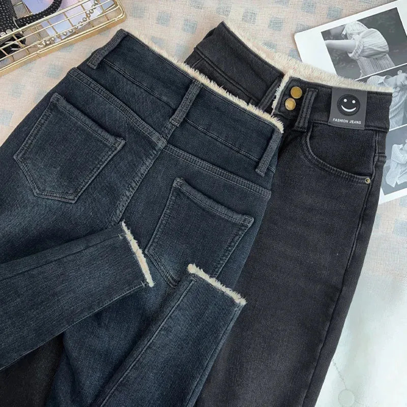 Warm Lambwool Slim Pencil Jeans Womens Skinny Plush Vaqueros Vintage High Waist Thicken Fleece Denim Pants Casual Velvet Legging 241220