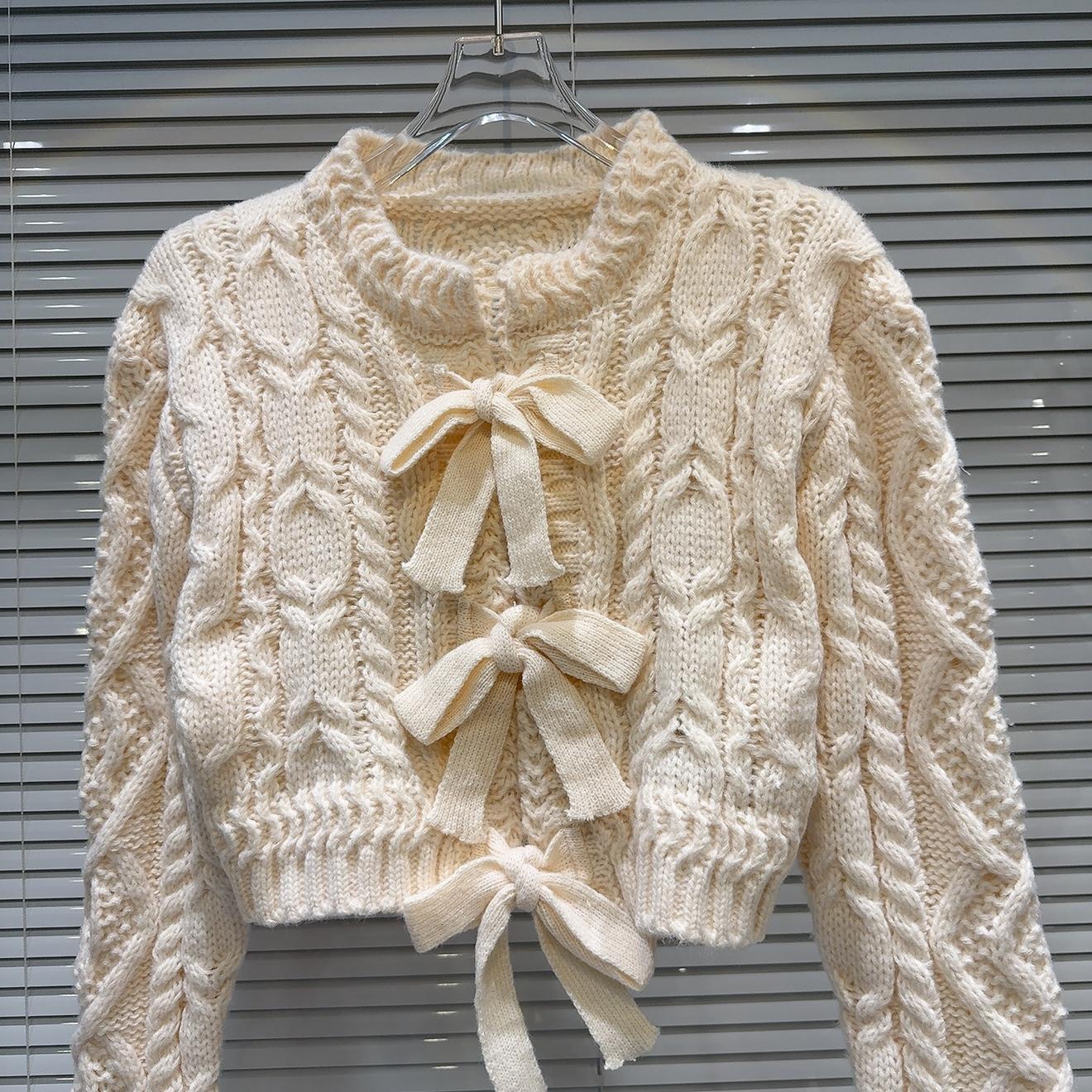 Sweet Spliced Bowknot Knitting Pullover Sweater For Womne Round Neck Long Sleeve Solid Temperament Sweater Female Winter New