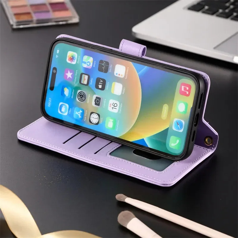 Long Lanyard Leather Wallet Card Phone Case For Iphone 16 15 14 Pro Max 13 12 11 X XS XR SE 2022 8 7 Plus Holder Cover Coque