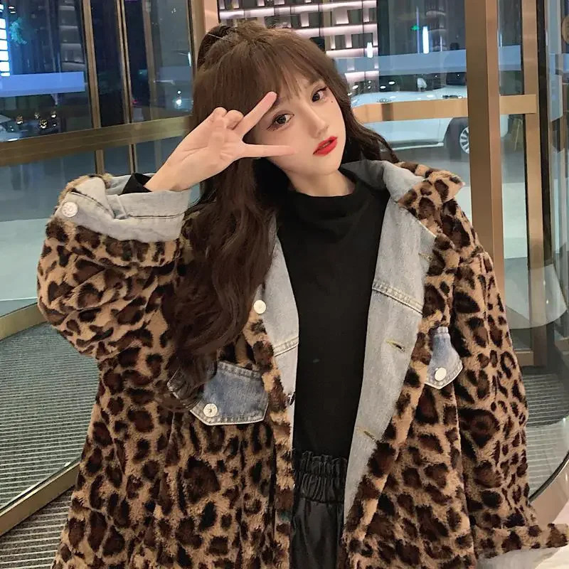 Womens Fur leopard-print Short Thick Mink Casual In The Autumn and Winter Lamb Wool Denim Two-sided Coat Jacket 241220