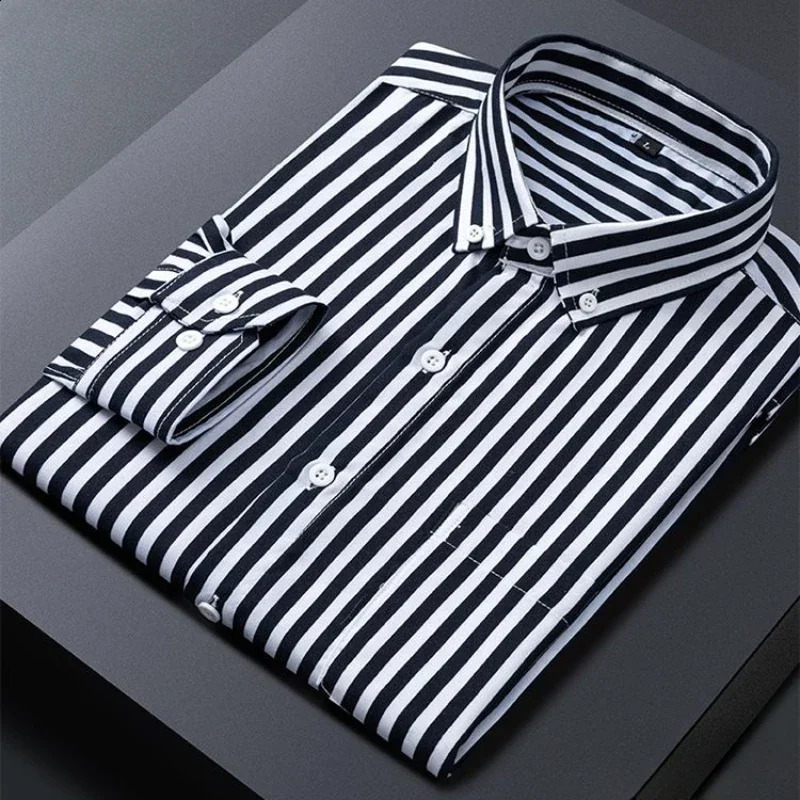 Mens Striped Shirts Formale Casual Printed Plaid Shirt Long Sleeve Slim Fit Botton Down Male Office Business Dress Shirt M-5XL 241223