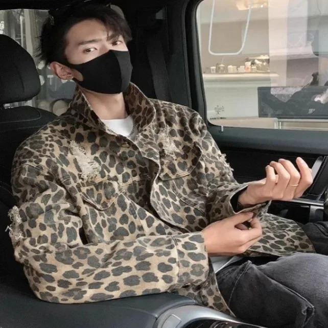 Retro Camouflage Leopard Slip Denim Jacket Loose Fit American Style High End Fashion Street Clothing 241219