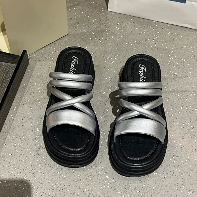 Free shipping hot designer slippers for womens black beige sliver Thick bottom cross thin strip