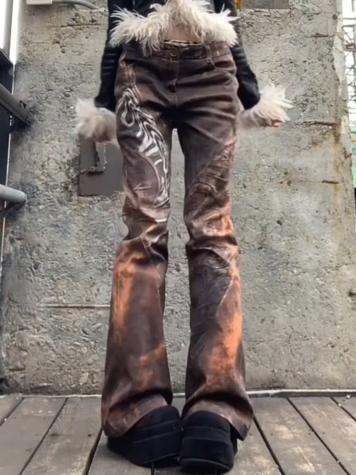 American Retro Washed Printed For Women Fashion Street Hot Girl Micro-Flared Jeans Hip Hop Y2k Trousers