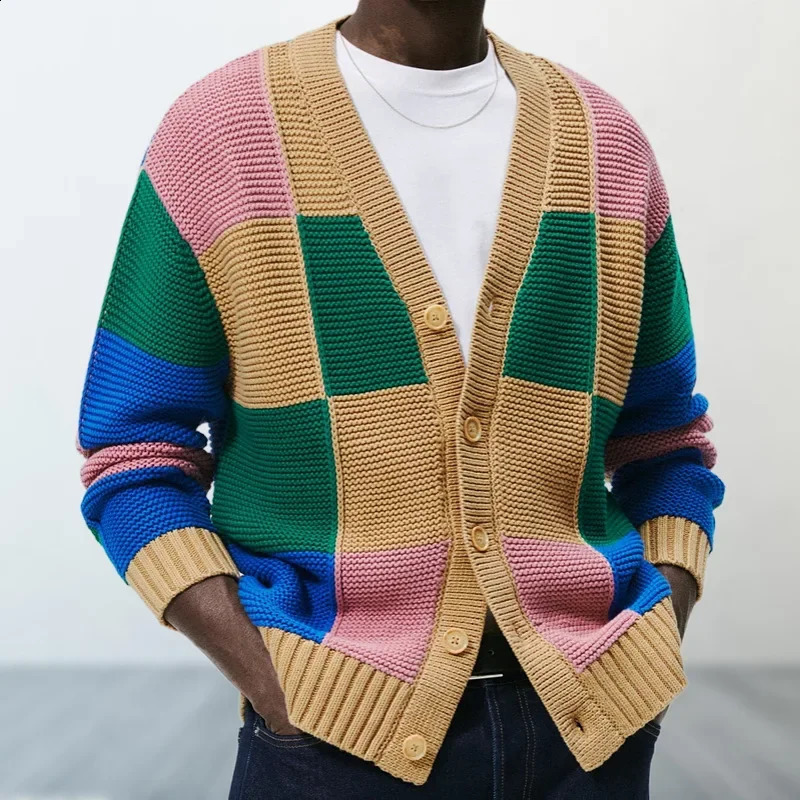 Mens Youth Knitwear Sweater European and American Fashion Contrasting Cardigan Sweater Autumn and Winter Woolen Jacket 241223