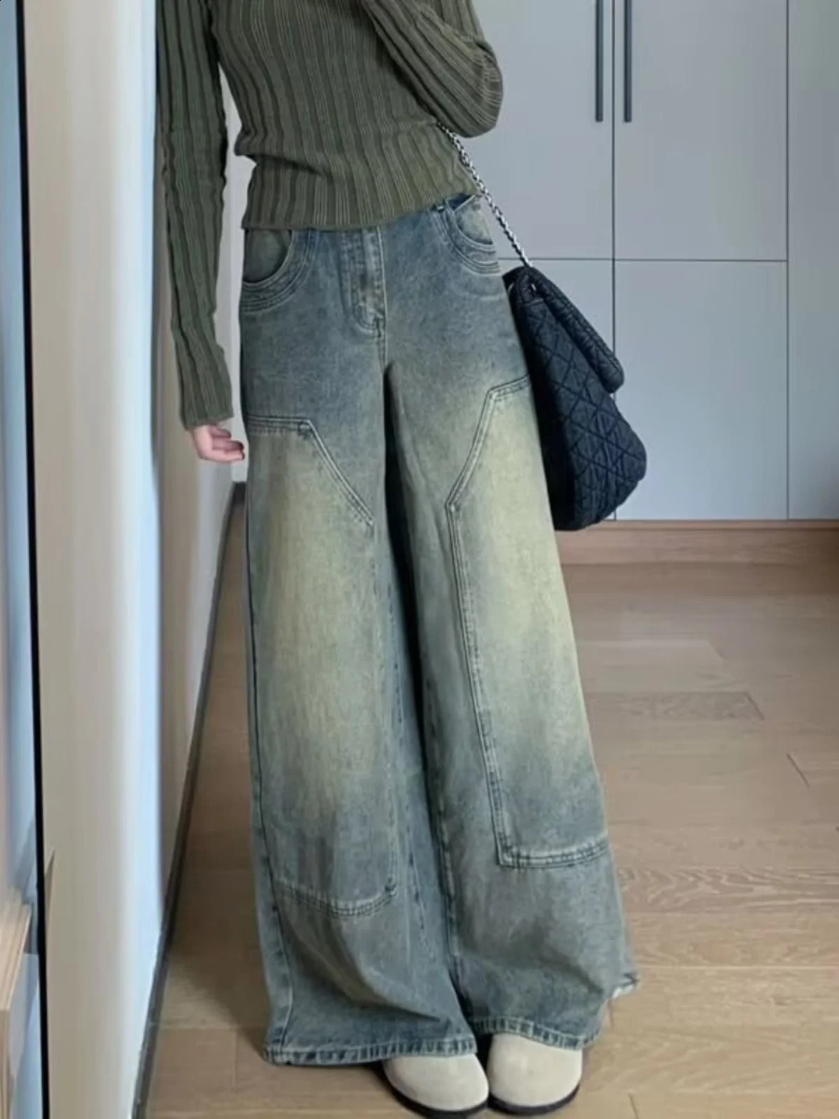 Blue Womens Jeans High Waist Vintage n Hip Hop Straight Baggy Denim Pants Street Y2K American Style Wide Leg Trouser 241218