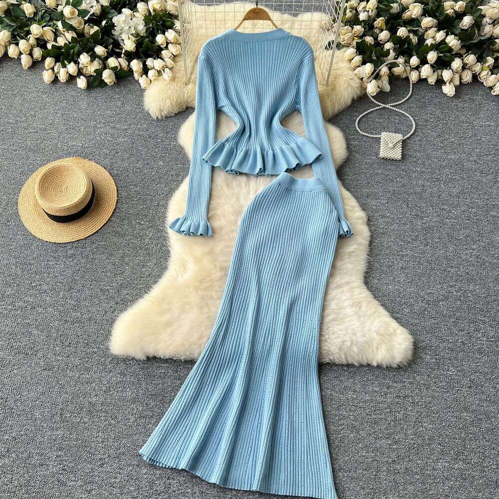 Dress Skirt Set French Elegant Knitted Two Piece Sets Women Ruffle V-Neck Long Sleeve Sweater Top High Waisted Midi Fishtail Skirt Vintage Suits