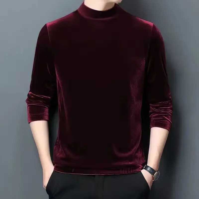 High Quality Golden Velvet T-shirt Mens Bottom Sweater Wool Long Sleeve Half Turtle Collar Pulling Flower Mens Warm Top Thick Extra Large T-shirt T241223