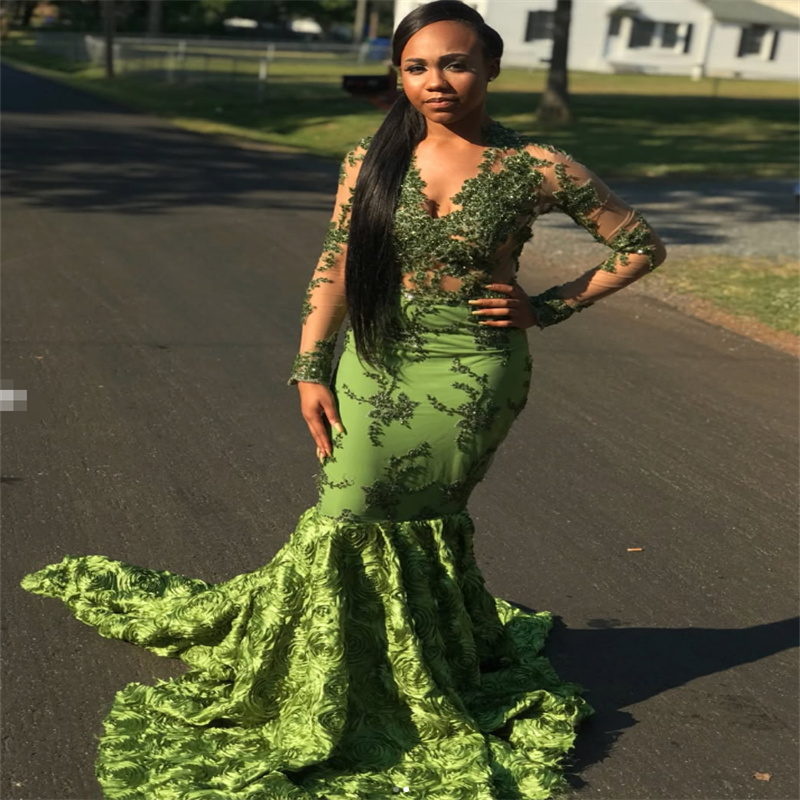 Beautiful Green Prom Dresses With 3D Florals Elegant V Neck Mermaid Evening Dress Long Sleeve Black Women Formal Gown African Nigeria Special Occasion