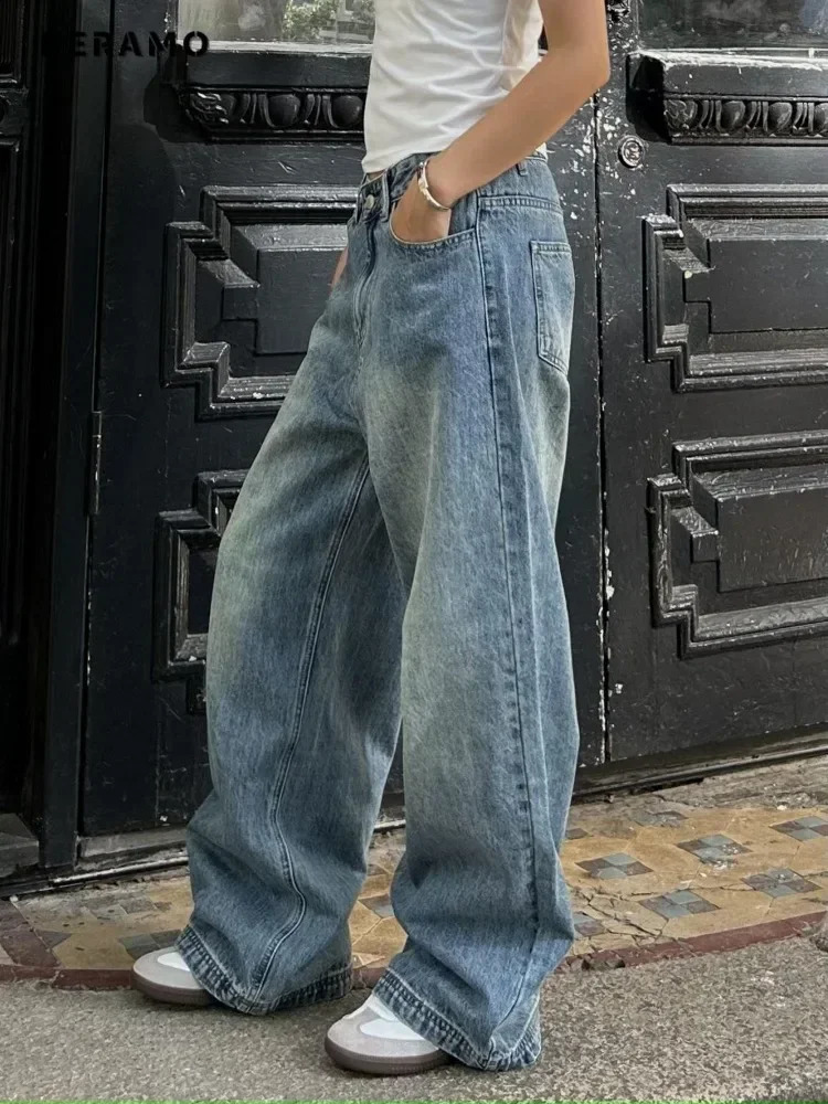 Vintage Aesthetic Emo Loose Washed Pants Summer Womens Casual Blue Harajuku Jeans Y2K Wide Leg Punk Baggy Denim Trouser 241218
