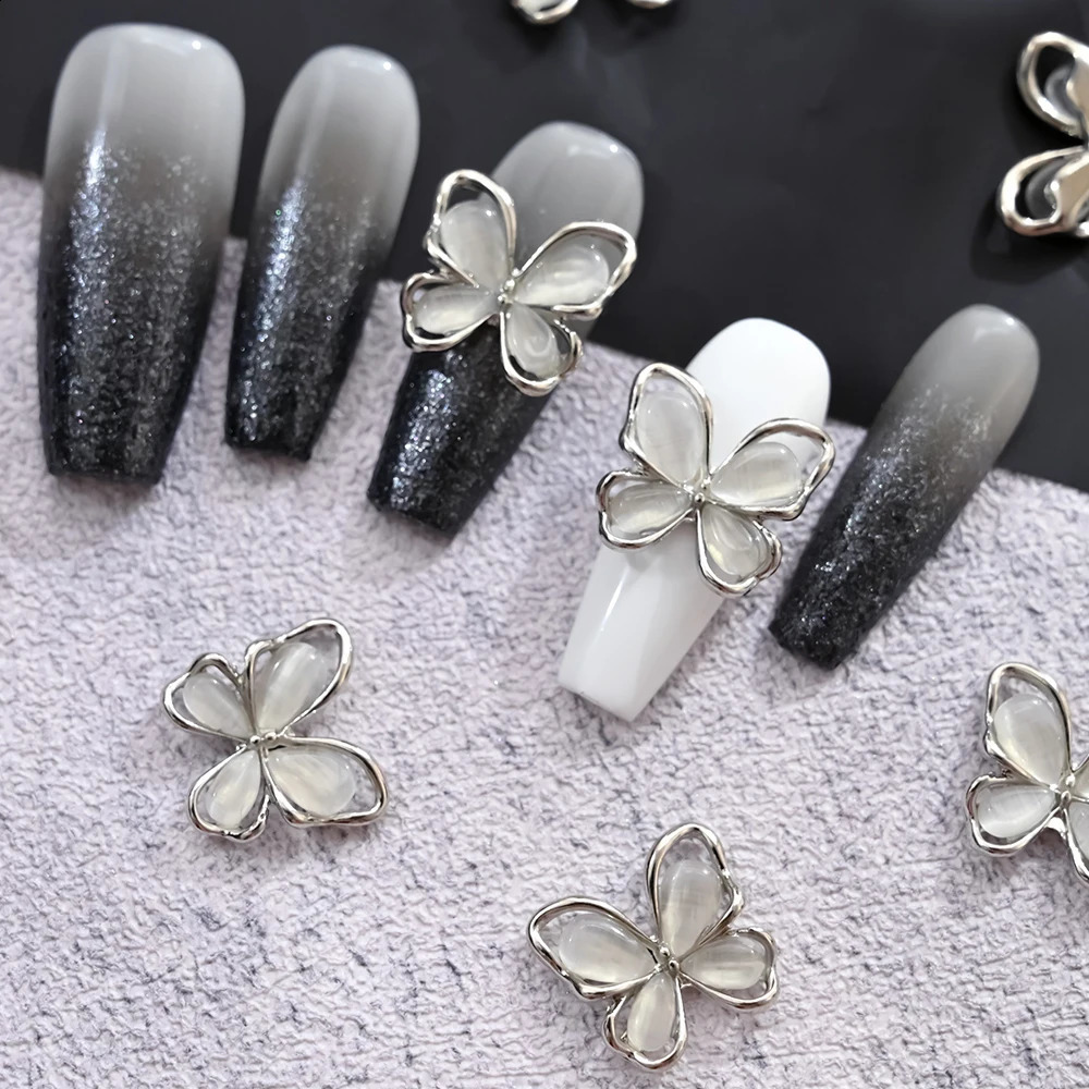 10Pcs 3D Cats Eye Butterfly Nail Art Charms Shiny Gold Silver Gray Crystal Rhinestones Jewelry Alloy Nail Parts 241223