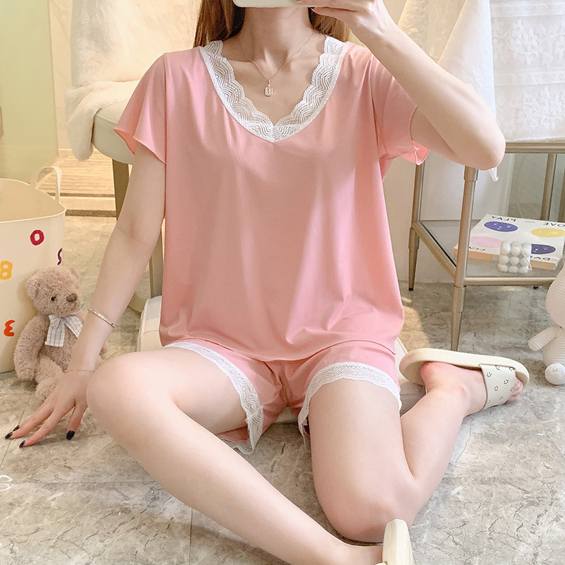 B205-Summer pure color ice silk thread short-sleeved shorts pajamas set princess style lace lace sweet home clothes