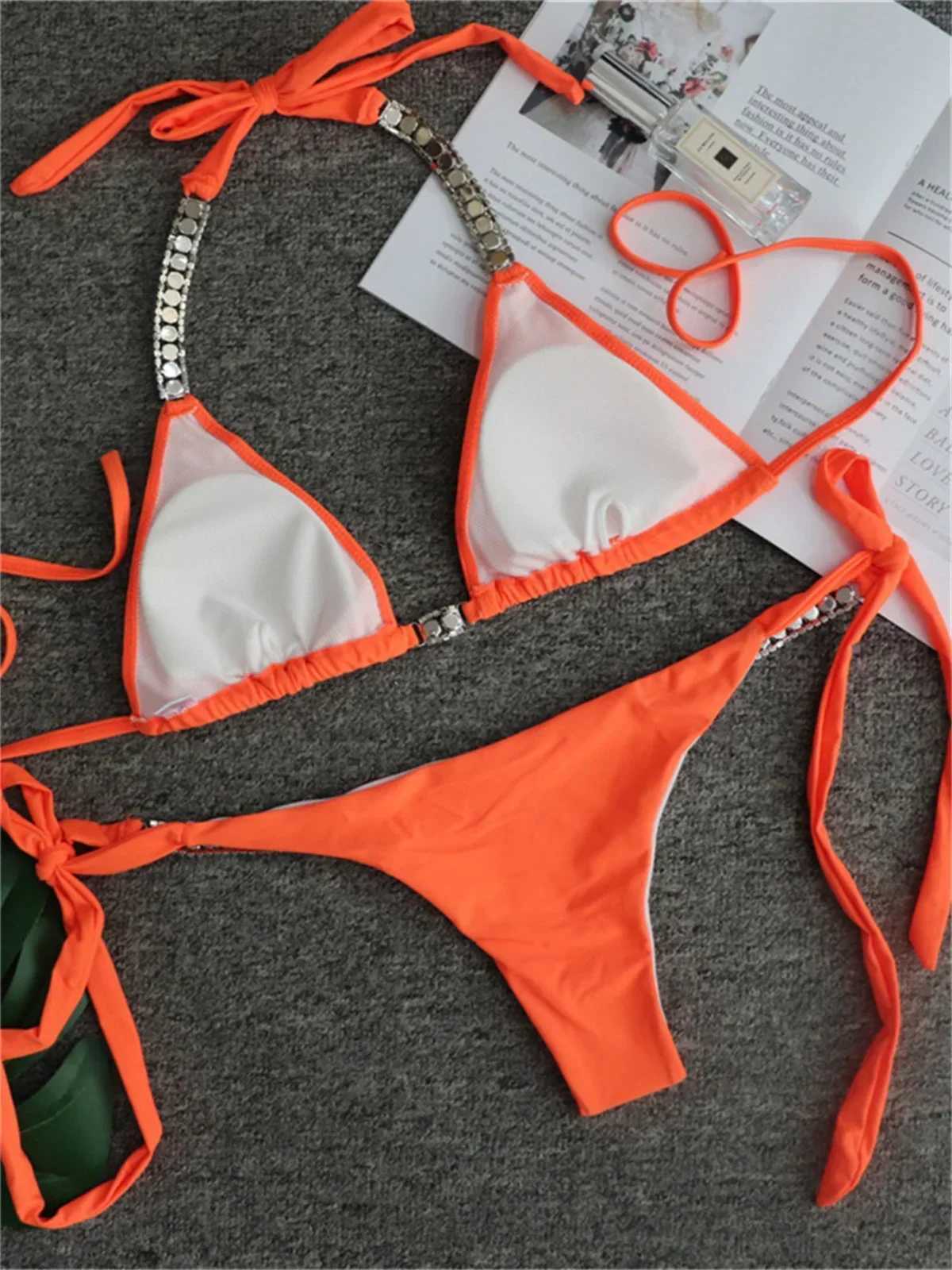 Luxury Rhinestone Bikini Women 2025 Sexy Orange Yellow Crystal Diamond Push Up Thong Swimsuit Beach Bathing Suit Tanga SwimwearXJ241223