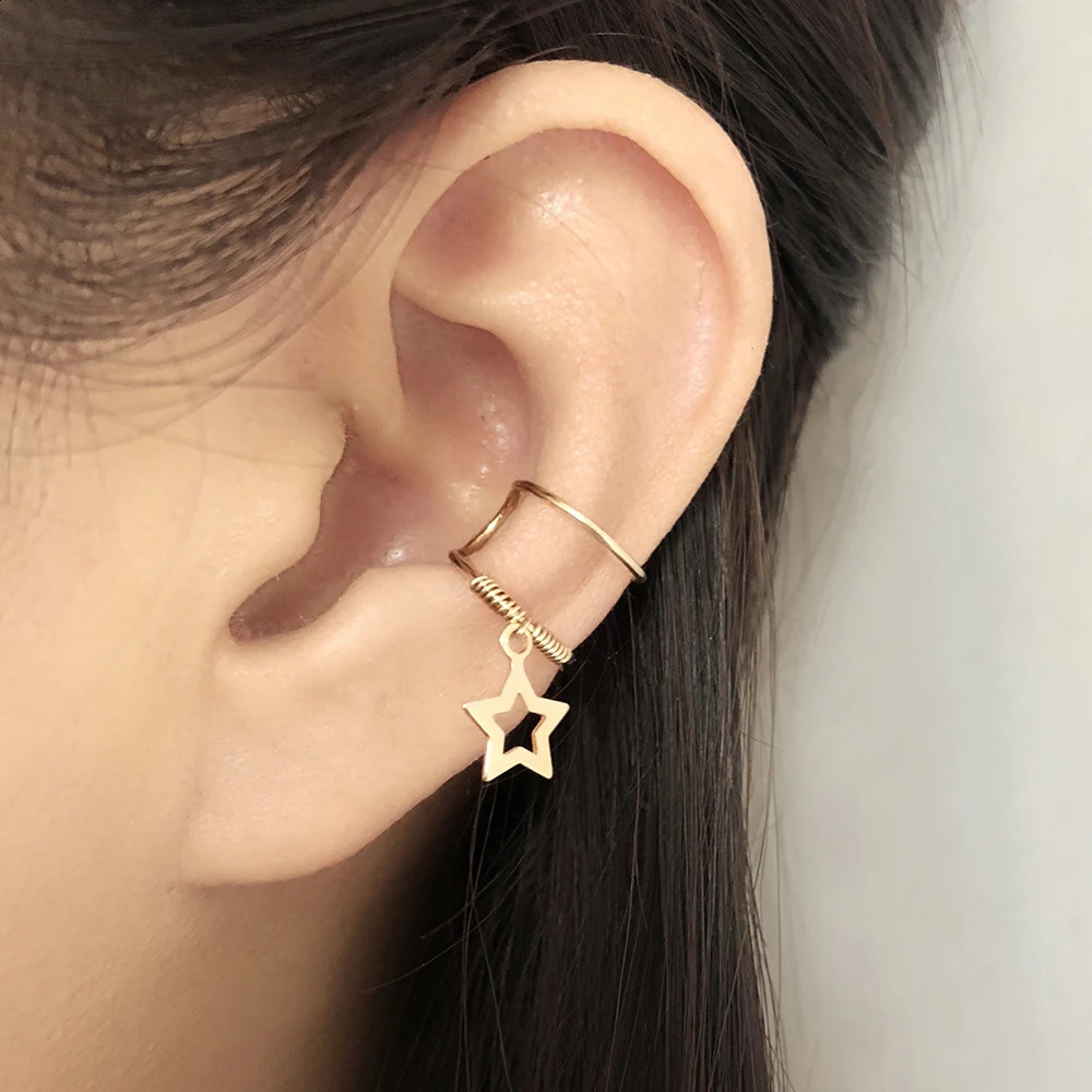 Domino Handmade DOUBLE WRAP Clip Earrings Fatimas hand Ear Cuff Lock Key Star No Piercing Hollow out Star Cartilage Cuff 241220