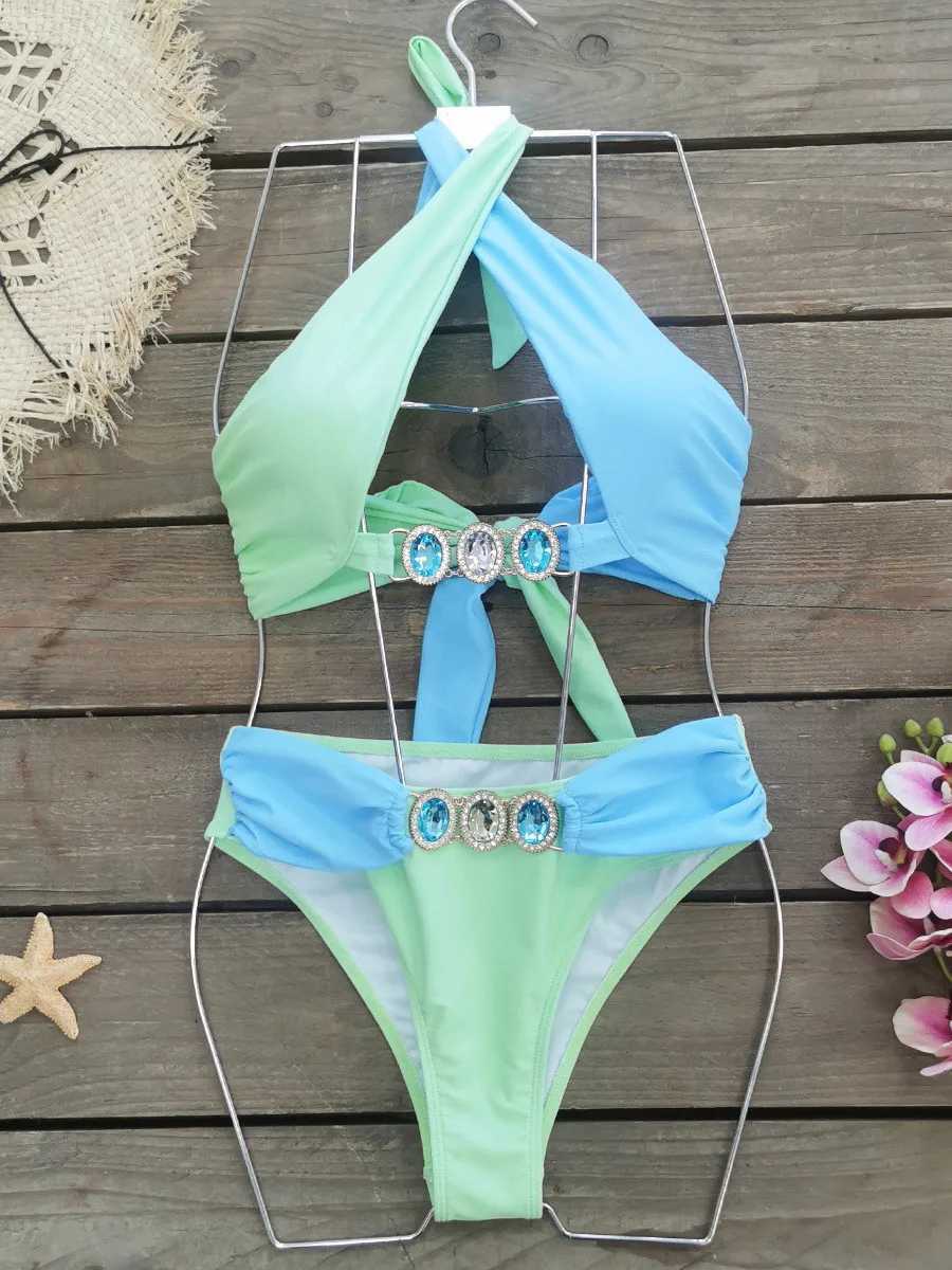 Luxury Rhinestone Bikini Set Women Blue Patchwork Cross Diamond High Waist Swimsuit 2024 Beach Bathing Suit Swimwear BiquiniXJ241223