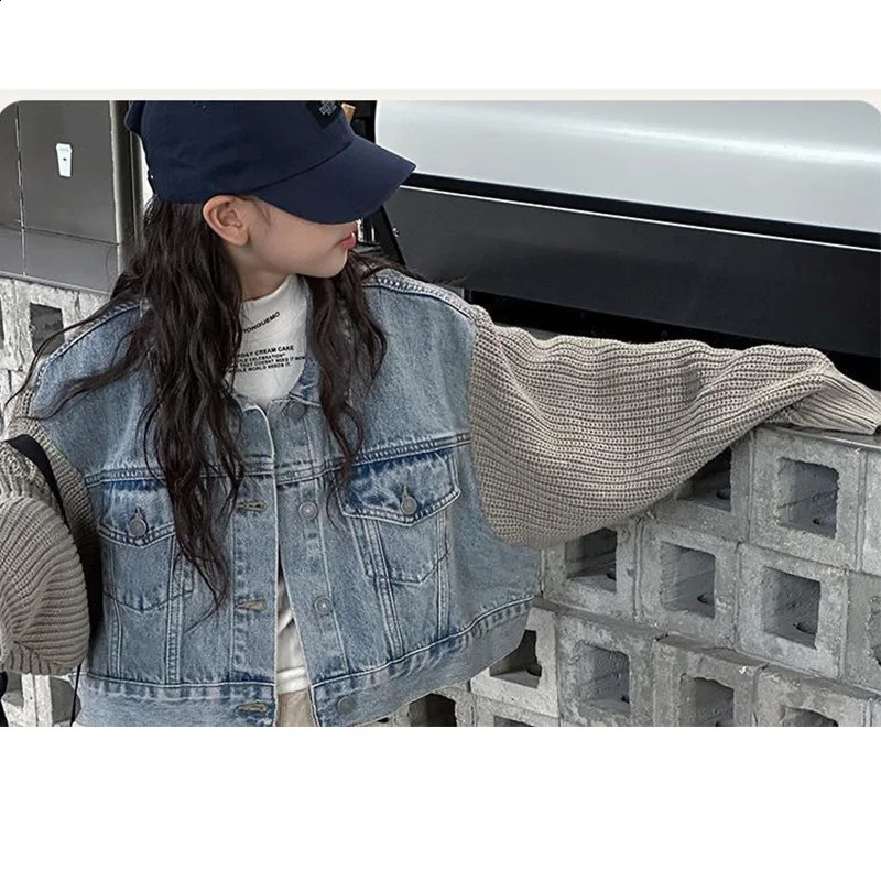 Girls Denim Jackets Childrens Autumn Jackets Boys Medium Large Kids Wool Long Sleeved Clothes Lapel Denim Cardigan Jackets 241223