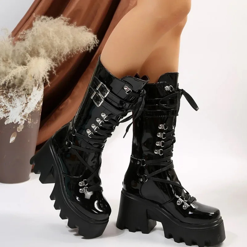 2024 Winter Womens Fashion Medium Tube Boots Lace Upward High Platform Wedge Boots Womens Fashion Solid Color Boots 241213