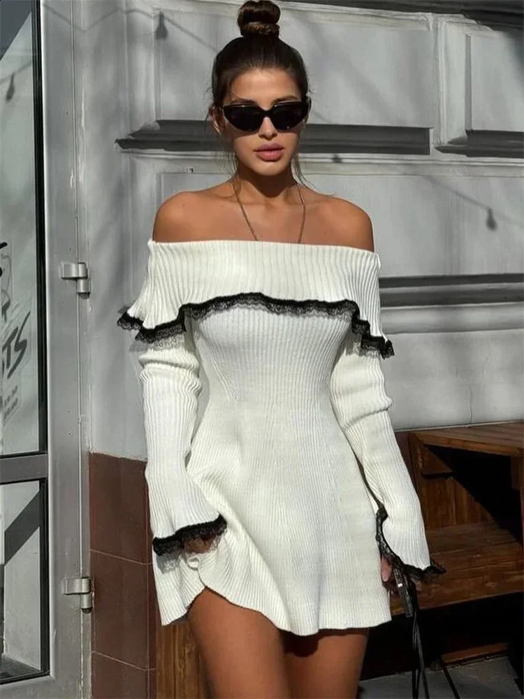 Tossy Knit OffShoulder Sweater Mini Dress Womens Lace Patchwork Ribbed Slim Backless Elegant Party Knitwear 241218