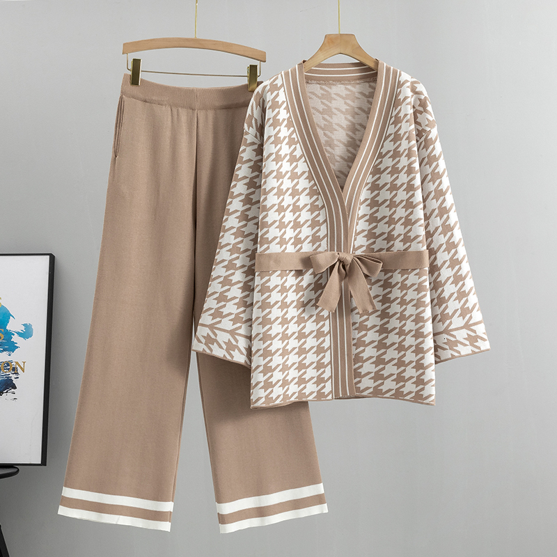Winter Casual Two Pieces Suits Long Sleeve Cardigan Coat+ Wide Leg Pant Female Loose Sweater Sets Knitted Tracksuit