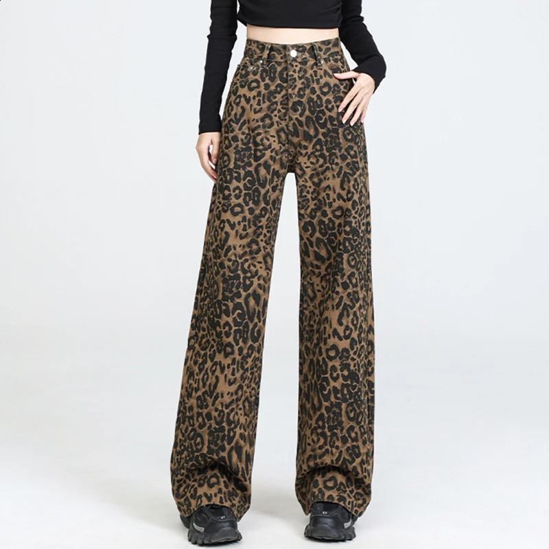 American Retro Women Leopard Jeans Baggy High Waist All Match Casual Button Up Denim Pants Female Fall Wide Leg 241218
