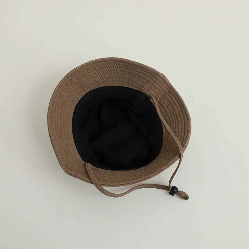 Caps Hats Solid color baby bucket hat summer wide brown childrens fisherman hat adjustable cotton childrens boys and girls Panama sun hat H241223