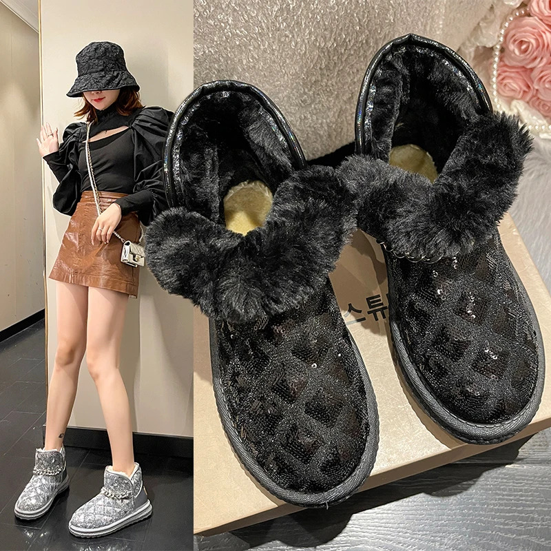 Winter Women's Snow Fashion Warm Plush Metal Chain Short Boots Sequins Flat Soft Thicken Female Cotton Ankle Shoes