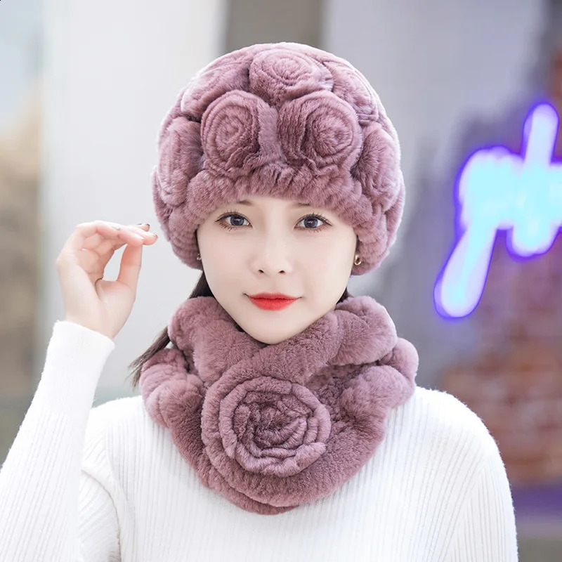 Women Winter Fur Hat Scarf Sets Natural Warm Real Rex Rabbit Fur Cap Scarves Lady Knitted Genuine Fur Hats Muffler 241214