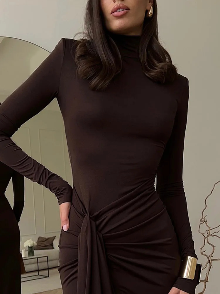 Autumn Winter Long Sleeve Knit Split Dress High Neck Tight Elegant Striped Sweater Underskirt Formal Women Street Maxi Robe 241218