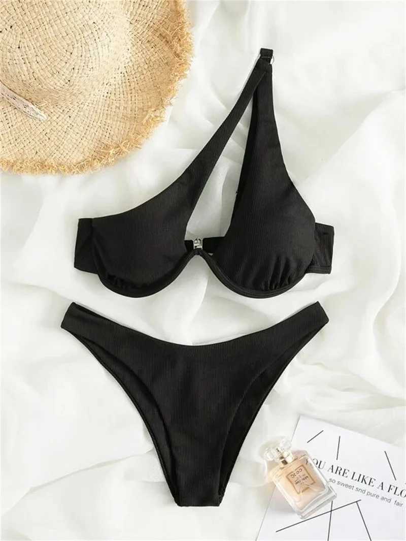 Sexy One Shoulder Bikini Set 2024 Women Red Black Push Up Underwire Micro Swimsuit Brazilian Cut Out Bathing Suit Thong SwimwearXJ241223