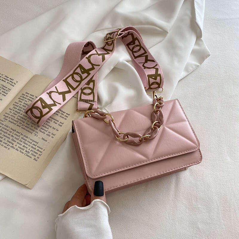 Internet Celebrity Fashion Women's New Style Pressed Grid Small Square Wide Strap Single Shoulder Crossbody Acrylic Chain Bag