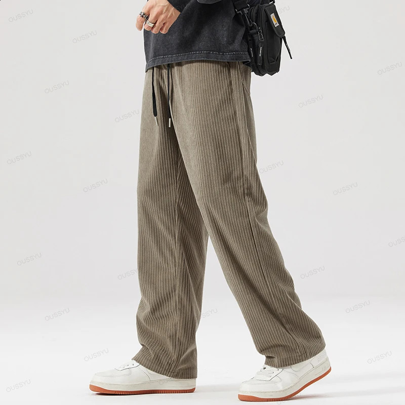 OUSSYU Autumn Winter Mens Stripe Corduroy Pants Elastic Waist Drawstring Straight Thick Outdoors Loose Casual Trousers 241223