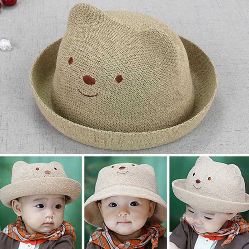 Caps Hats Childrens Cute Bear Bucket Hat Summer Outdoor UV Protection Grass Pot Hat Boys and Girls Korean Preschool Childrens Sunshine Sunshade Hat H2