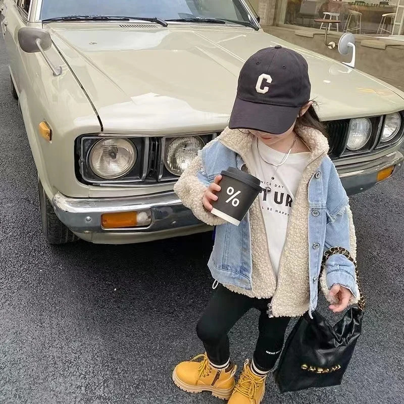 Girls Jacket Fleece Denim Thickness Kids Coats Children Outerwear Autumn Spring 23-A19 241223