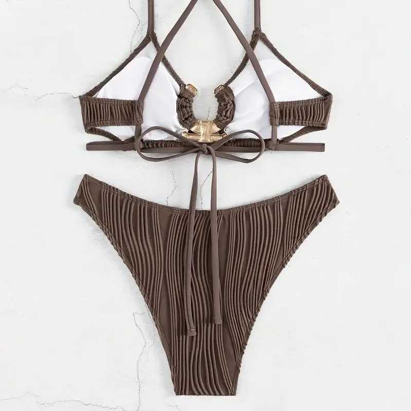 2024 Sexy High Waist Solid Bikini Push Up Swimwear Women Swimsuit Female Two Pieces Beachwear Metal Accessories Bathing SuitsXJ241223