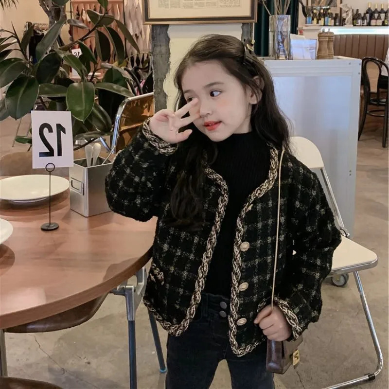 Spring Autumn Womens Childrens Tweed Style Jacket Round Neck Thick Sequin Coat Kids Outerwear High Quality E18 241223