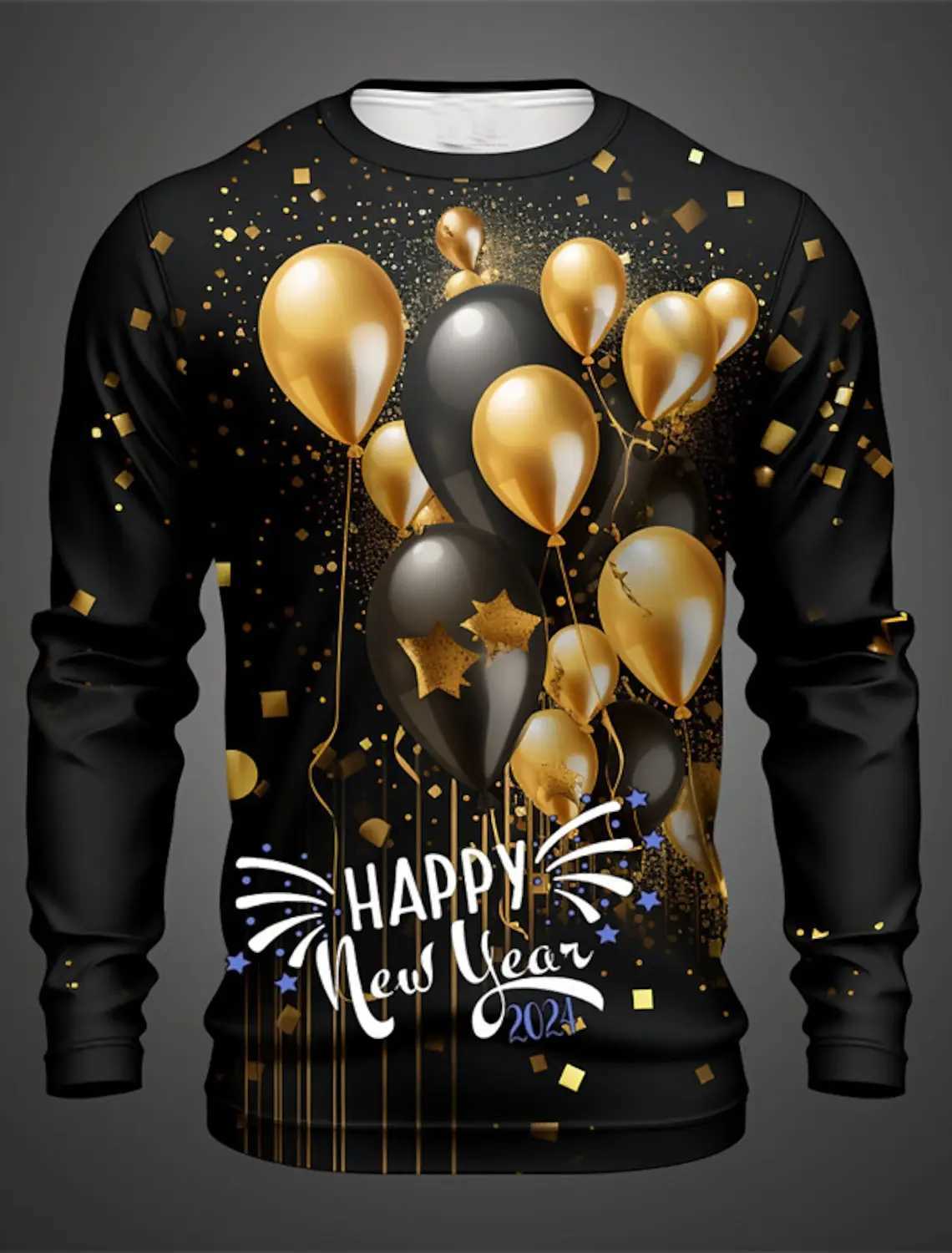 New Arrival Graphic Balloon Fashion Mens 3D Printed T-shirt Tee Holiday Going out New Years T-shirt Black Gold Long Sleeve Crew Collar Shirt Z241223