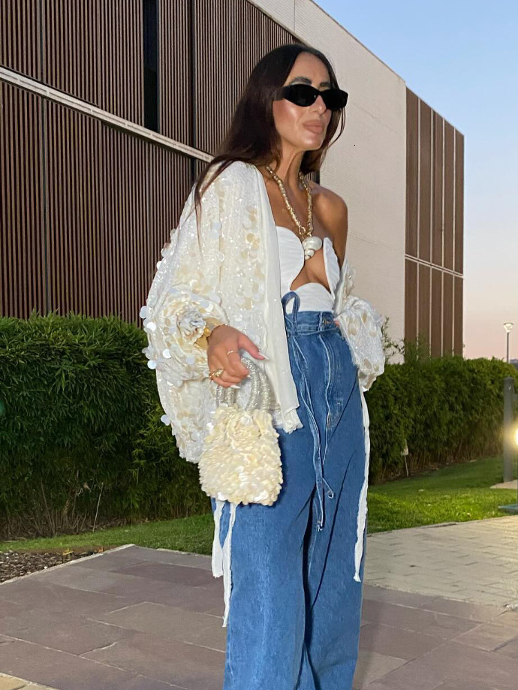 Women Chic Sparkg Beaded Short Loose Jacket Elegant V Neck Long Sleeve Lace Up Cardigan Autumn Female Fashion Streetwear