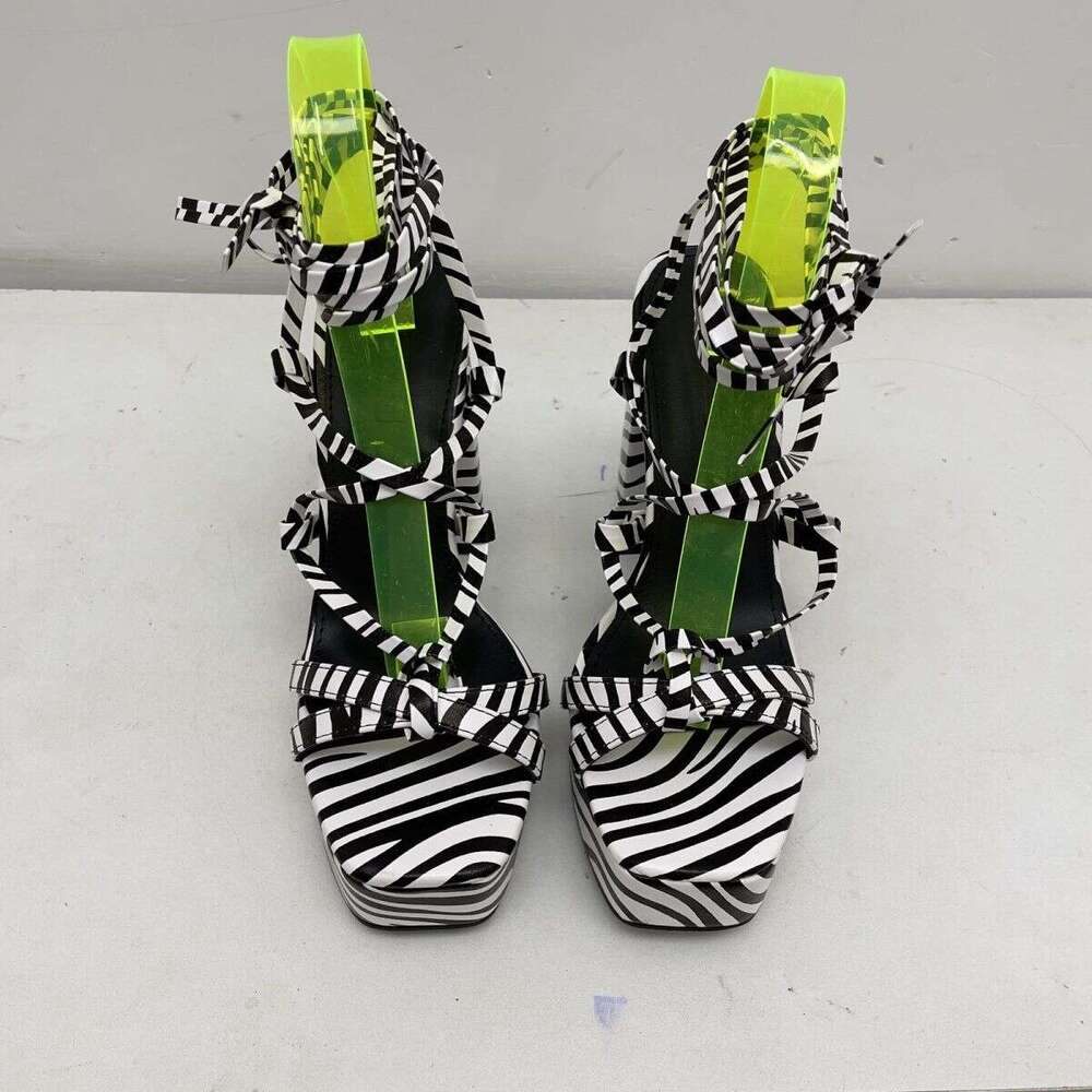 Large Size New Style Platform Cross Tie Strap High Heel Sandals Women summer chunky heel zebra printing slingbacks outdoor heels 12CM heeleed