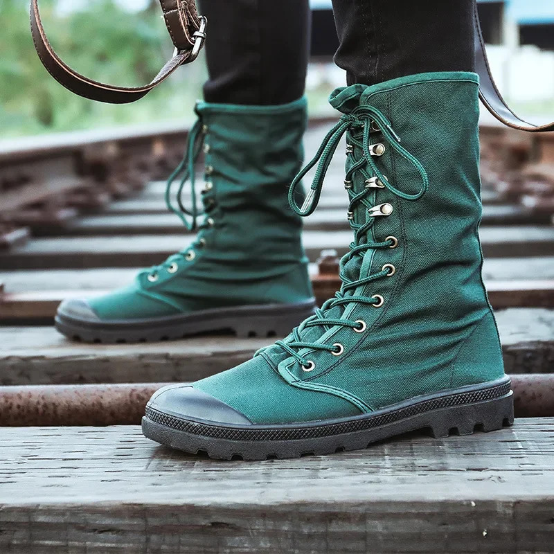 2025 New Men's High-end Canvas Mid Calf Canvas Lace Up Tactical High Top Sports Shoes Military Boots Jungle Hiking Shoes Men's Style