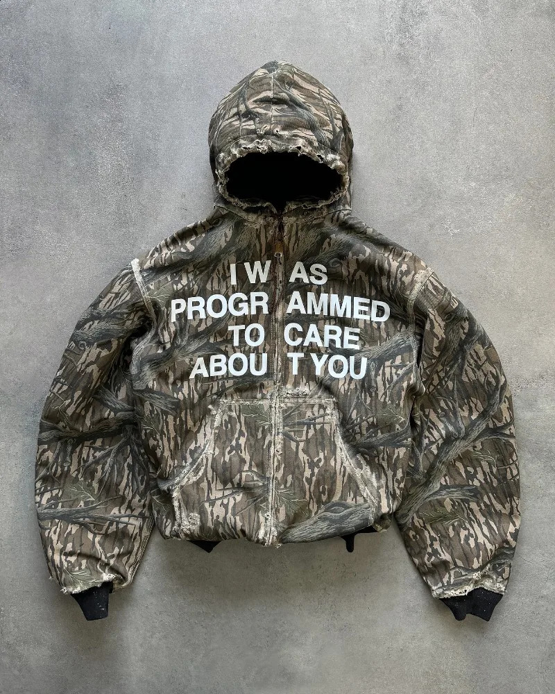 Y2k American winter ripped zipper hoodie men retro loose camouflage sweatshirt Harajuku hip hop fashion oversized jacket 241223