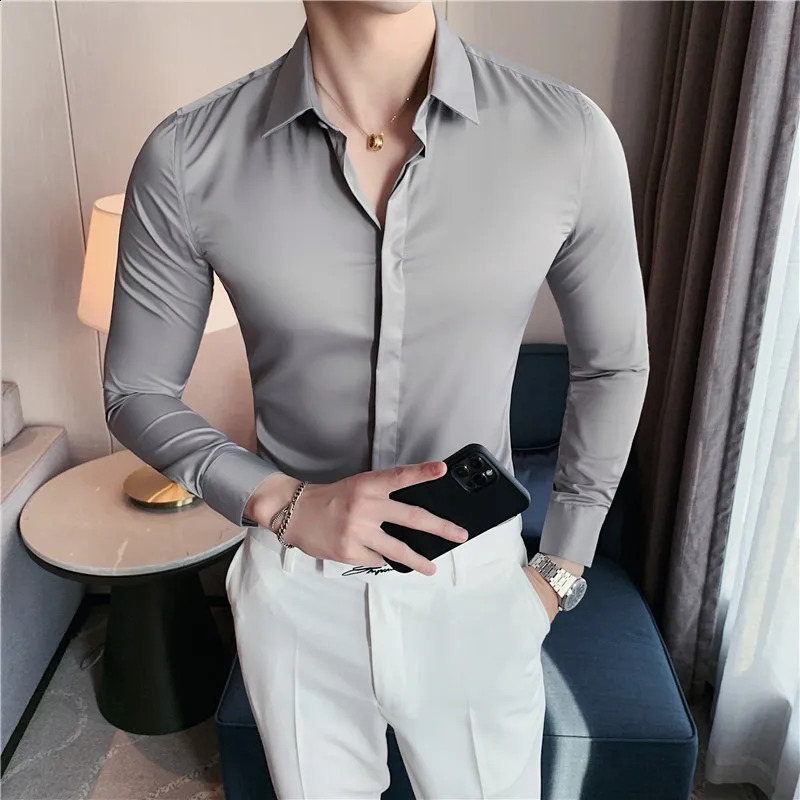 8 Colors High Quality Men Dress Shirt 2024 Autumn Long Sleeve Solid Concealed Placket Shirts Men Business Slim Fit Social Shirt 241223